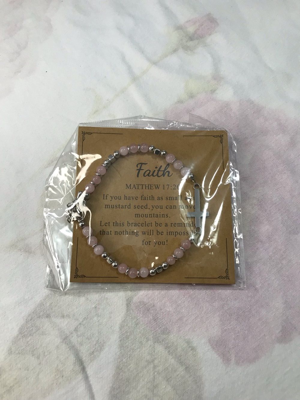 Silver Tone Light Pink Rose Beaded Faith Cross Bracelet